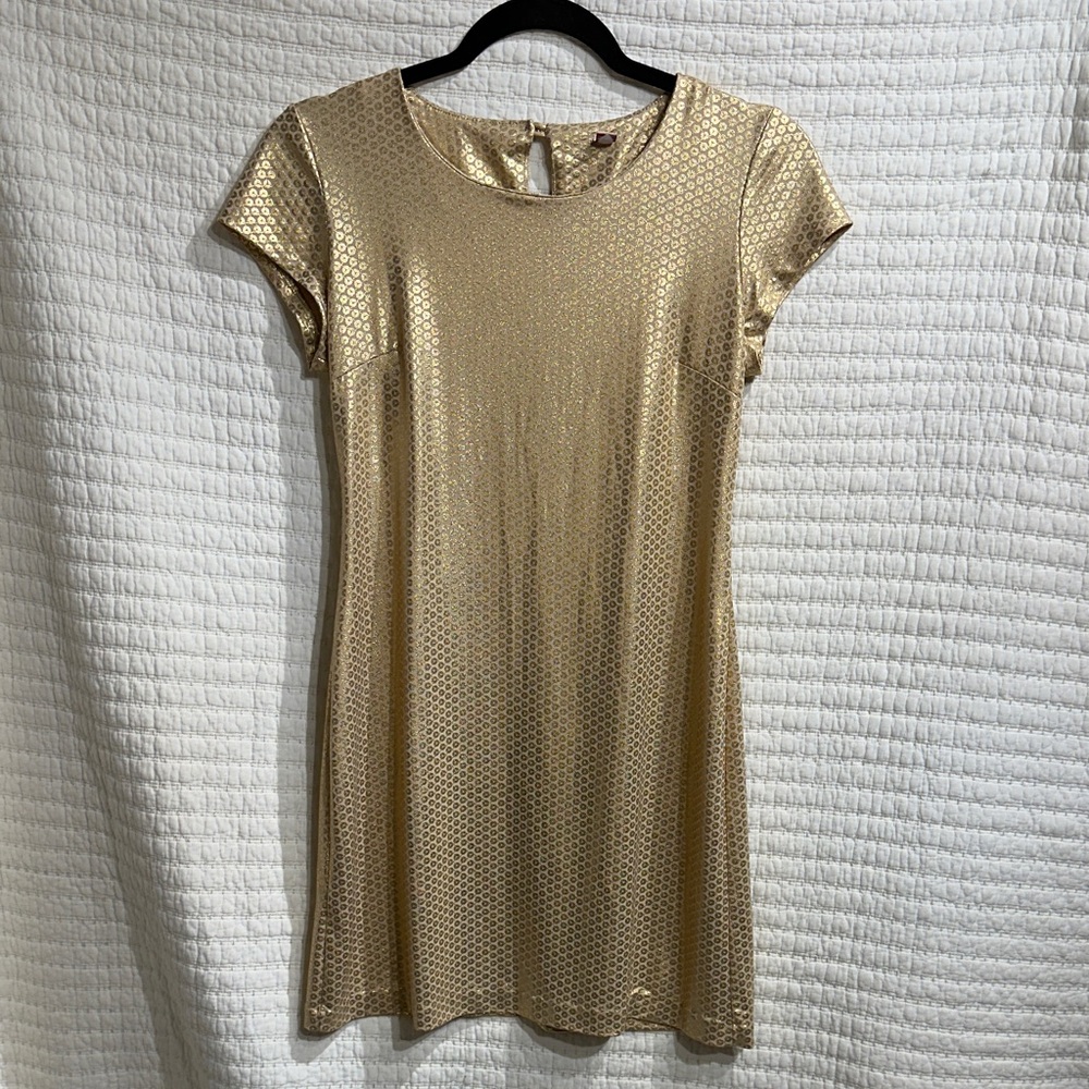 AUW Gold Scope Neck Short Sleeve Mini Dress Back Keyhole Button Close Size Small